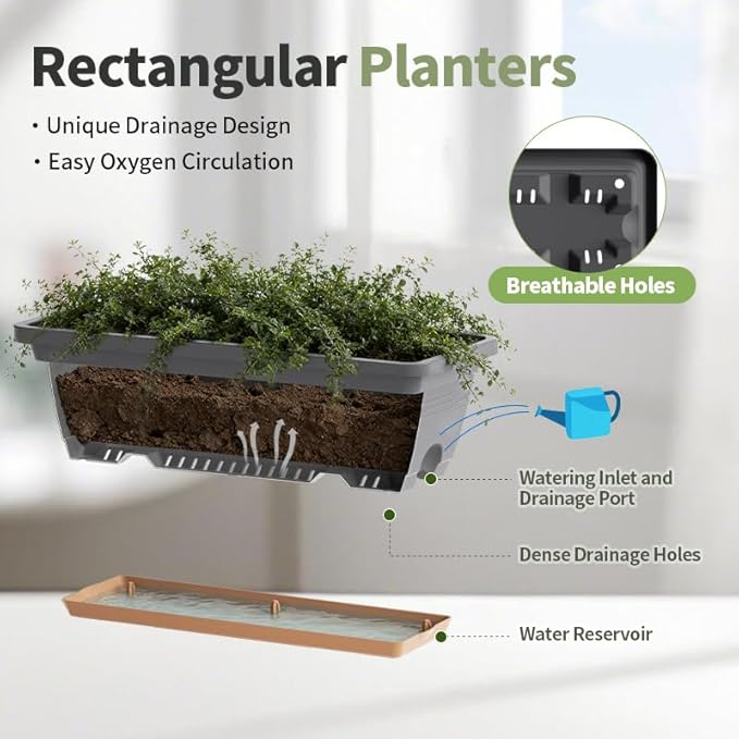 Window Box Planter, 6 Pack Plastic Vegetable Flower Window Planters Boxes 16 Inches Rectangular Flower Pots with Drainage Holes and Saucers (Mixcolor)