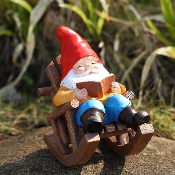 Garden Gnome Reading in Rocking Chair, Resin Decorative Statue, 7.2x6.2x4.3 inches