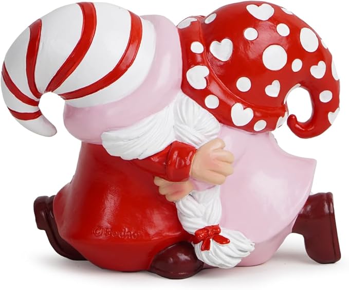 Hodao Valentine Gnome Couple Figurine - Hand-Painted Resin Kissing Gnomes with Heart Polka-Dot and Candy-Cane Hats - Romantic Decor and Gift for Anniversary or Wedding, Tiered Tray, Mantel, Tabletop