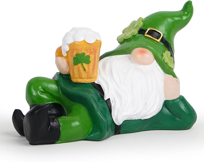 Hodao St. Patrick’s Day Gnome — Hand-Painted Resin Lounging Leprechaun with Beer Mug & Shamrock | Lucky Green Home, Bar & Party Decor, Fun Gift