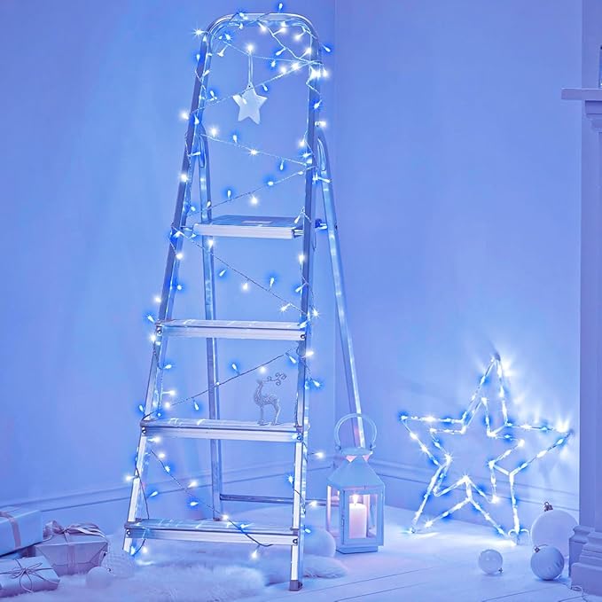 Blue White Christmas Lights Outdoor 400 LED Christmas Tree Lights 8 Modes Clear Wire, 131ft Plug in Waterproof Twinkle Fairy Lights for Indoor Outside Bedroom Party Xmas Halloween Decorations