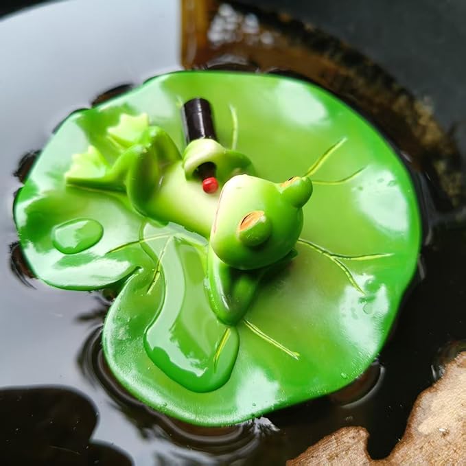 Cute Frog Lotus Leaf Resin Statue Paired with Beer Bottle - Bright Green Outdoor Garden Decoration. Frog Garden Decoration.