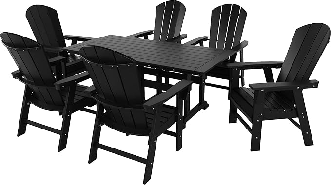 WestinTrends Malibu 7 Piece Adirondack Outdoor Dining Set, All Weather Poly Lumber Patio Table and Chairs Furniture Set, 71" Trestle Dining Table and 6 Adirondack Dining Chair, Black