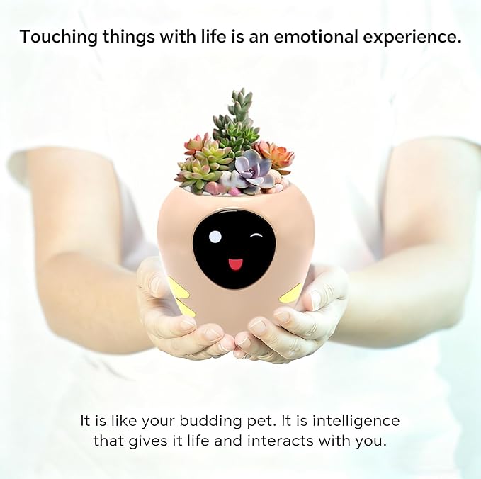 Odpaltoy Smart Plant Pot with Expression, AI Intelligent Flower Pot for Indoor Decoration, Smart Garden Pot with Water/Light/Temperature Sensors, Ivy AI Planter (Pink（Big）)