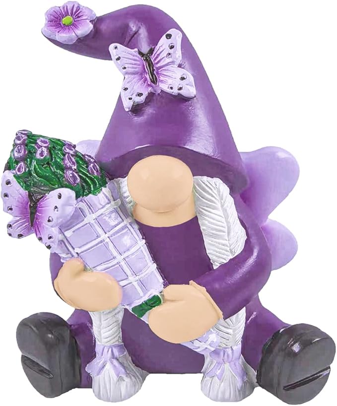 Lavender Gnomes Figurines Decor, Resin Garden Gnome Decorations for Home Indoor Outdoor Purple Spring Fall Decoration Farmhouse Butterfly Figurine for Thankgiving Day
