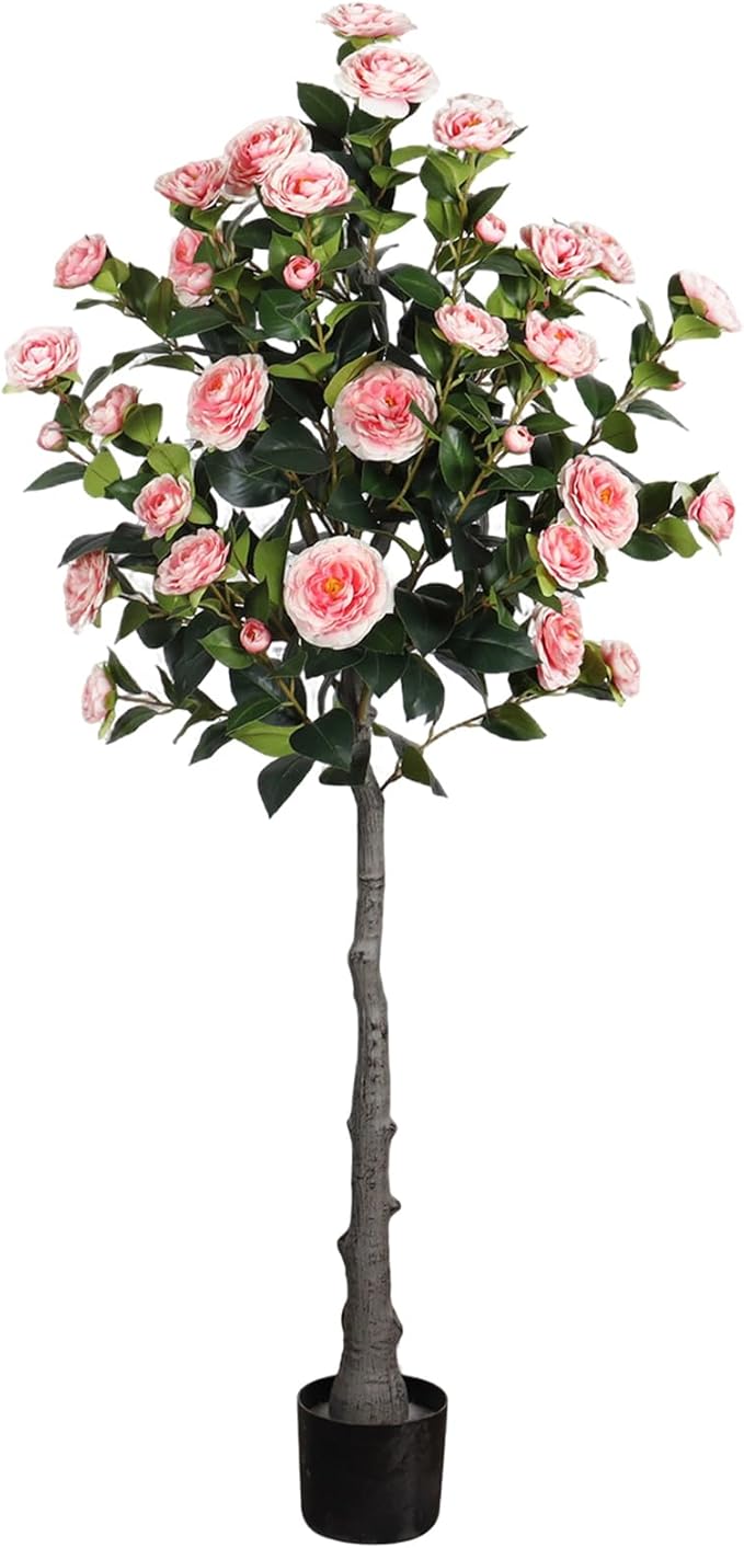4.9 Ft Artificial Camellia Tree, 40 Flowers, Pink Faux Potted Plant, Indoor Outdoor Decor for Home, Office, Porch, Patio, Pack of 1