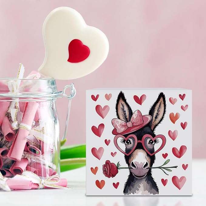 Valentines Day Decorations, Valentines Day Gifts for Her Him, Gift for Boyfriend Girlfriend, Pink Heart Rose Donkey Anniversary Wooden Box Sign Husband Wife Home Office Bedroom Desk Decor