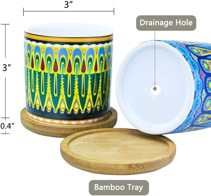 Ascrafter Mandala Succulent Pot with Drainage Hole & Bamboo Coaster, Small Plant Pots, Bohemian Ceramic Succulent Planter Pot for Small Plant-6 Pack