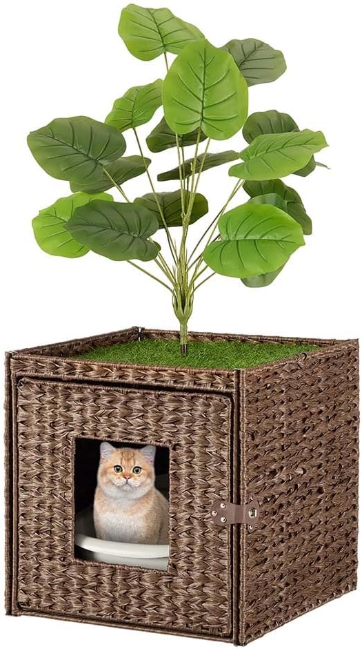 unipaws Cat Litter Box Enclosure with Faux Plant and Litter Mat, Hidden Handwoven Rattan Planter Cat House Furniture, DIY Decoration on Square Top by Yourself, for Living Room, Bedroom, Corner
