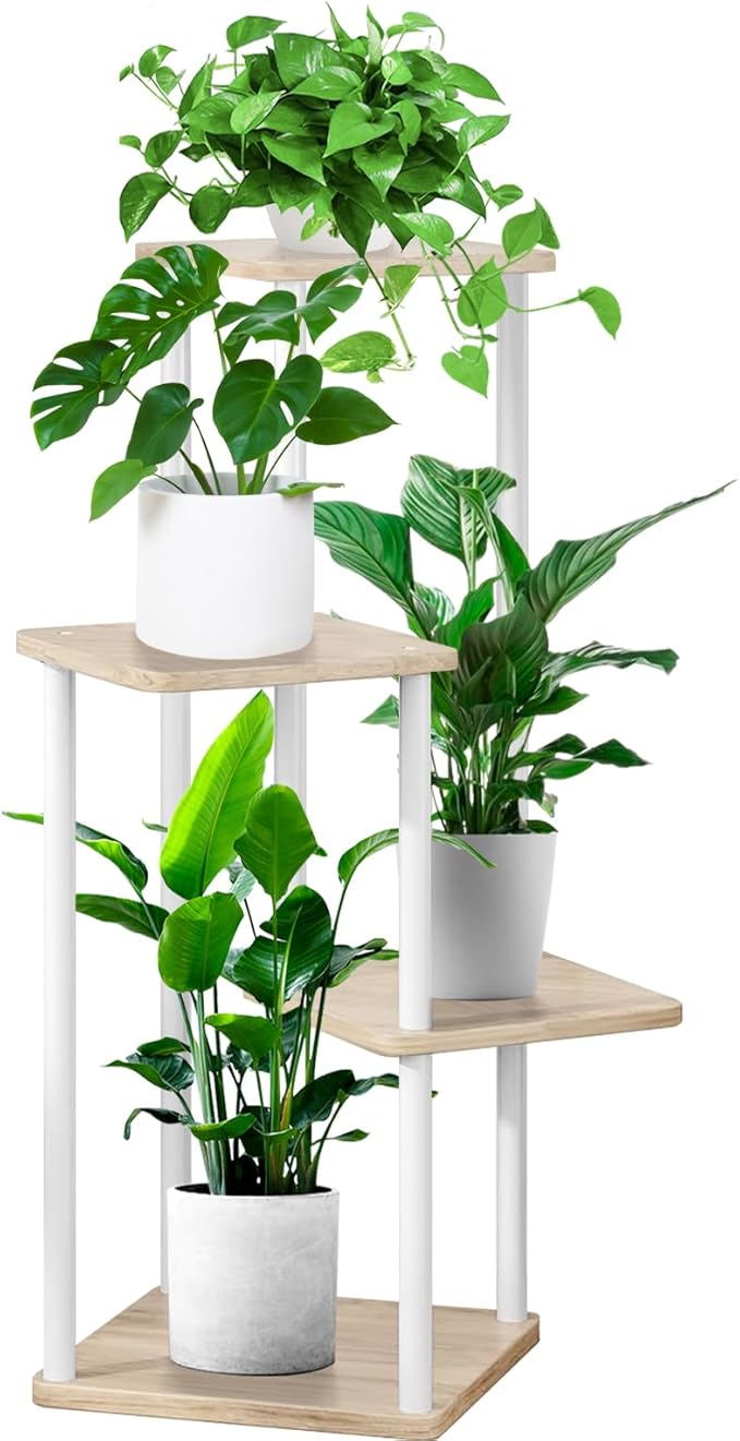YOCOMEY 4 Tier Indoor Plant Stand Flower Shelf for Multiple Plants Corner, Tall Flower Holders for Patio Garden Living Room Balcony Bedroom(White Oak)