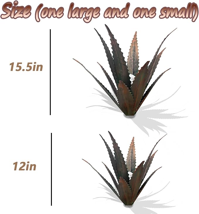 Muciwa 2 PCS Metal Agave Sculpture Decoration, Vintage Country Hand-Painted Sculpture DIY Metal Agave Plant, Home Garden Courtyard Lawn Outdoor Decoration (Serrated Antique Bronze Color)