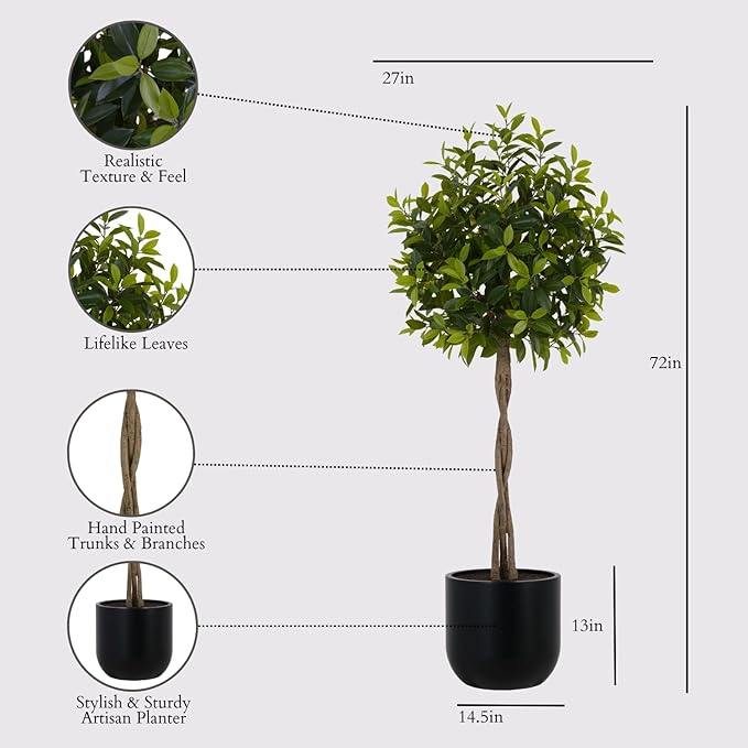 CG Hunter Faux Laurel Tree, Premium Artificial Indoor Tree Stands 6-ft Tall, Lifelike-Leaves & Hand Painted Trunk, Planter Pot Included