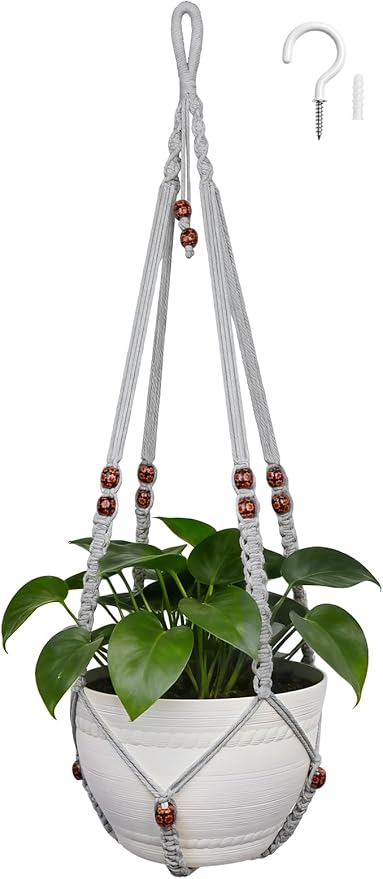 HOREAKHJ 35 Inch Macrame Plant Hanger, Large for up to 15 Inch Pot Extra Long Hanging Planter Holder Basket with Wood Beads for Indoor Outdoor Home Decor (Grey, 1-Pack)