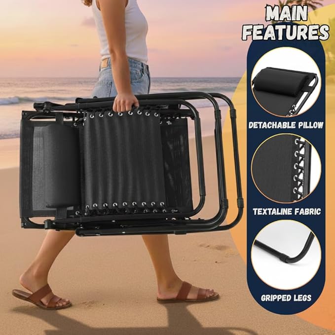 EZONE 1 - Chair Zero Gravity Lounge Chair Outdoor Adjustable Reclining Patio Chair Steel Mesh Folding Recliner for Pool Beach Camping Lounge Chair with Pillow and Cup Tray (1, Black)
