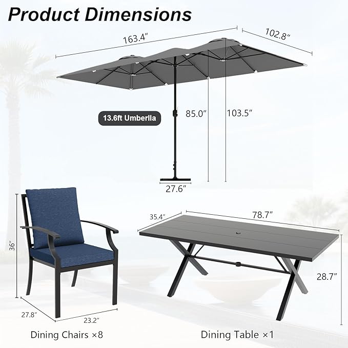 10 Pieces Patio Dining Set,Metal Outdoor Furniture Set Includes 13.6FT Grey Umbrella,Hole Cut-Out 78.7" x 35.4" Table and 8 Metal Backrest Chairs for Backyard,Garden,Navy