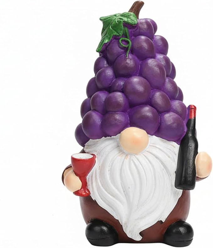 Funny Whimsical Garden Gnome Statue, 5.9 Inch Grape-Shaped Resin Decor with Wine Bottle & Glass, Outdoor/Indoor Yard Patio Ornament for Home Garden Decorations