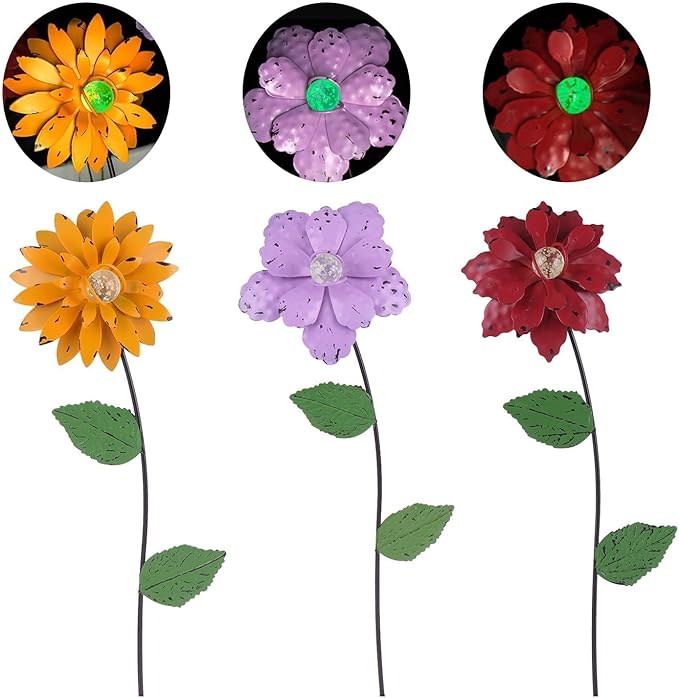 3 Pack Floral Garden Stake Decor, Glow in Dark Shaking Head Outdoor Plant Pick Water Proof Metal Flower Stick for Lawn Yard Patio Pathway Ornament