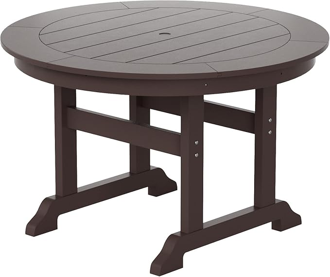 WestinTrends Malibu 5 Piece Adirondack Patio Dining Set, All Weather Poly Lumber Outdoor Table and Chairs Furniture Set, 47" Trestle Round Dining Table and 4 Adirondack Dining Chair, Dark Brown