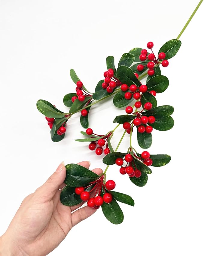 Artificial Red Berry Stems Fake Holly Berries Twig Branches Tall Picks Greenery Plastic Plant for Xmas Indoor Outdoor Wedding Party Christmas Event Decoration DIY Wreath Vase Fireplace Decor 2 Pack