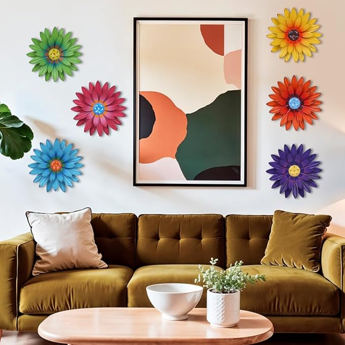 hogardeck Metal Flower Wall Decor - 6 PCS 8" Multicolor Flower Decor for Indoor Outdoor, Sunflower Kitchen Decor Floral Metal Wall Art, Sunflower Wall Decor for Bathroom, Living Room, Porch, Garden, Yard