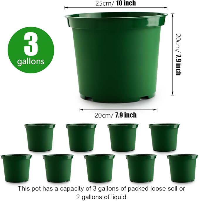 RooTrimmer 3 Gallon Plastic Nursery Pots, 10 Inch Round Plant Pots with Drainage Holes, 10 Pack Planting Pot for Outdoor Indoor Plants, Gardening Gifts for Women, Green