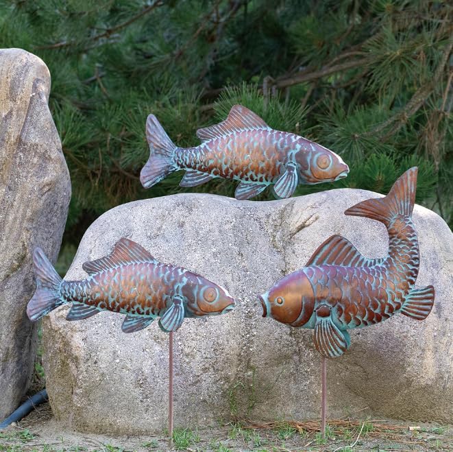 Metal Koi Fish Statues Garden Decor Antique Copper Koi Outdoor Sculptures & Statues for Patio,Backyard,Pond,Home Decoration,Metal Fish Stakes for Outside,Gardening Gift for Mom Grandma,Set of 3