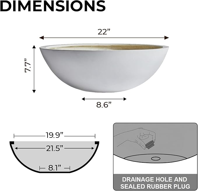 KUTE NEST 7.7" H x 22" D Round Bowl Fiberstone Planter for Succulent and Lotus with Drainage Hole, Smooth Finishes, Weather Resistant, Included 2 Extra Coco Mats (White, 19.9" Pot Opening)