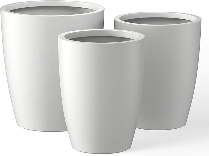 Kante 18.1",20.5",22.4" H Tall Round Concrete Planters Set of 3, Outdoor Indoor Modern Decorative Plant Pots with Drainage Hole & Rubber Plug for Home & Garden Pure White