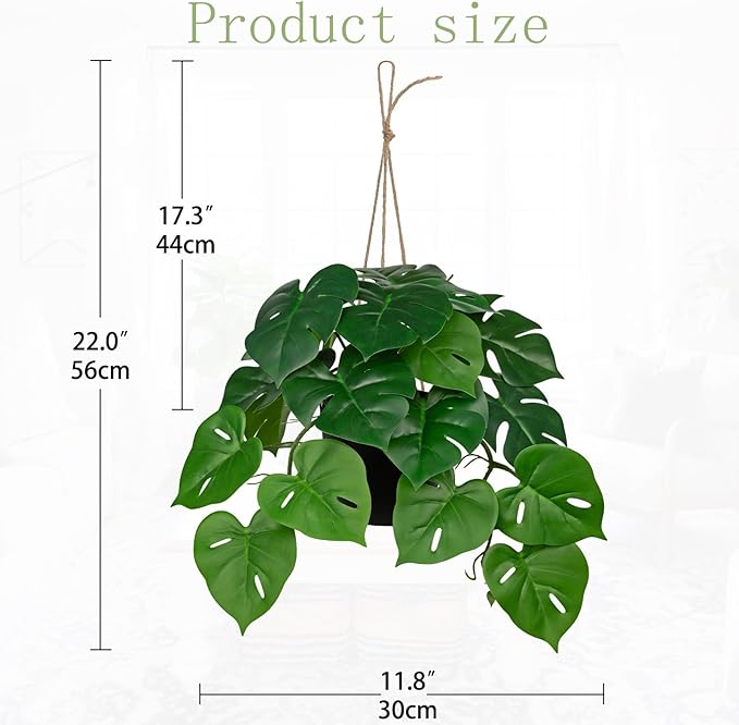 Fake Hanging Plant Artificial Monstera Plant Faux Greenery Leaves in Black Pot for Wall Bedroom Office Desk Bathroom Indoor Outdoor Home Decor