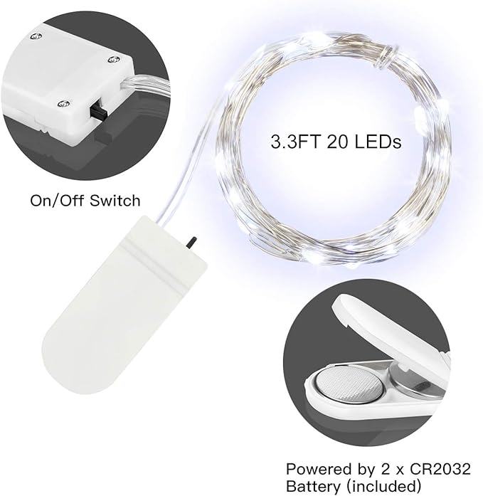 24 Pack Cool White Fairy Lights Battery Operated 3.3ft 20 LED Firefly Lights, Waterproof Mini String Lights for Wedding Party Crafts Mason Jars Decor