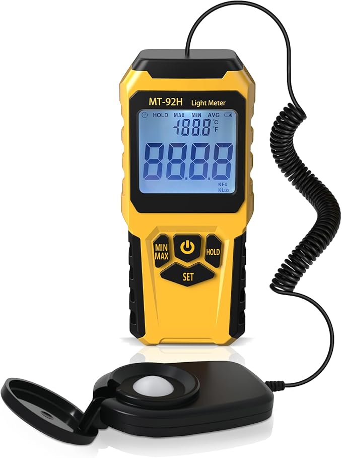 URCERI MT-92H Light Meter with Split Sensor Lux/Foot Candles Meter 500ms Refresh Rates Range up to 200,000 Lux Switchable Backlight Temperature Measurer 14℉-140℉