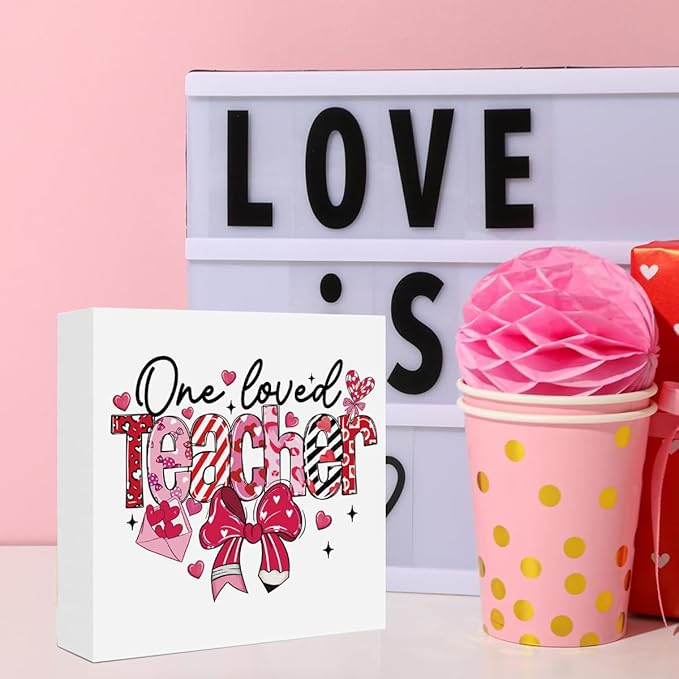 Teacher Valentine Decor Gift, Vintage Valentines Day Gifts for Teachers, Teacher Appreciation Gifts, Birthday Retirement Thank You Gift, Coquette Bow Pencil Wooden Box Sign for Office Desk Decor