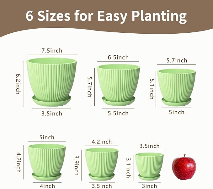 LASZOLA Light Green Plant Pot Plastic Planter with Drainage Holes and Saucer Tray for Indoor Flower, Medium to Small 7.5/6.5/5.5/4.9/4.2/3.5 Inch, Modern House Decorative Gardening Round Pot, Set of 6