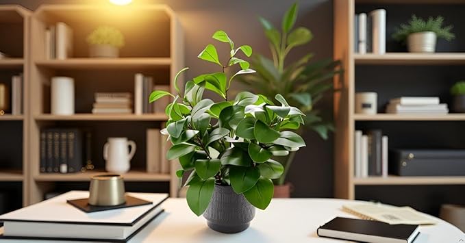 Ewtogift 19" Artificial Ficus Plant in Textured Black Ceramic Planter Tall Faux Plant with Deep Green Leaves for Modern Home Office Shelf Bathroom Tabletop Indoor Decor