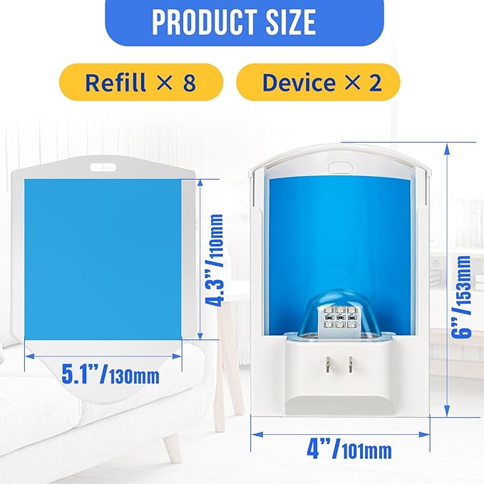 2 Flying Insect Trap & 8 Refills, Plug in Fruit Fly Traps for Indoors, Bug Catcher for Mosquitoes, Moths, Fruit Flies, Gnat Traps for House Indoor | Safe Blue & UV Light Attraction