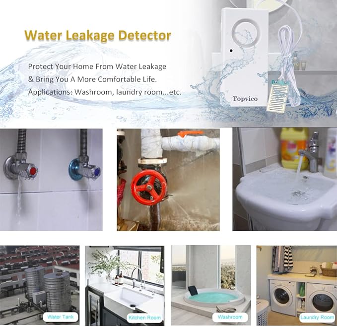 Topvico Water Alarm Leak Detector Moisture Sensor for Basements Sump Pump Dishwasher RV Water Heater Pan High Flood Alert, 120dB Work Alone, Battery Operated, 5 Packs