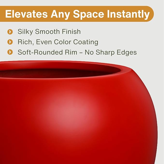 KUTE NEST 12.8" H x 16" D Globo Fiberstone Round Planter with Drainage Hole, Smooth Finishes, Weather Resistant for Indoor and Outdoor Use, Included 2 Extra Coco Mats (Red, 10.7" Pot Opening)
