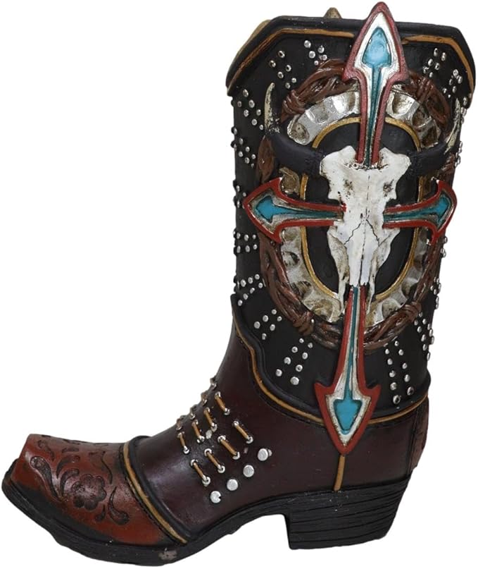 Ebros Gift Rustic Country Western Cow Skull Turquoise Cross and Barbed Wires Faux Tooled Leather Cowboy Boot Decorative Flower Vase Or Planter Figurine