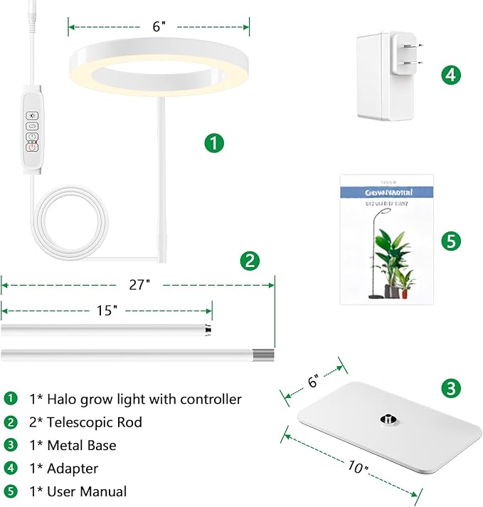 LPMZMBL One Head Grow Light for Indoor Plants Full Spectrum - Floor Standing Plant Lamp with Auto Timer 6/12/18H, 5-Level Dimmable & Adjustable Height 16.5-68in for Large Tall Plants | White
