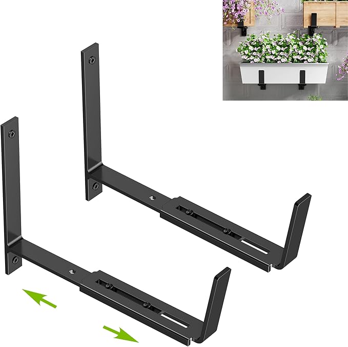 Y&M Adjustable Window Box Brackets for Planter Box, Heavy Duty Wall Mounted Hooks Hangers for Flower Baskets Holder Durable, Brackets for Fence Patio Garden Balcony(2 Packs)
