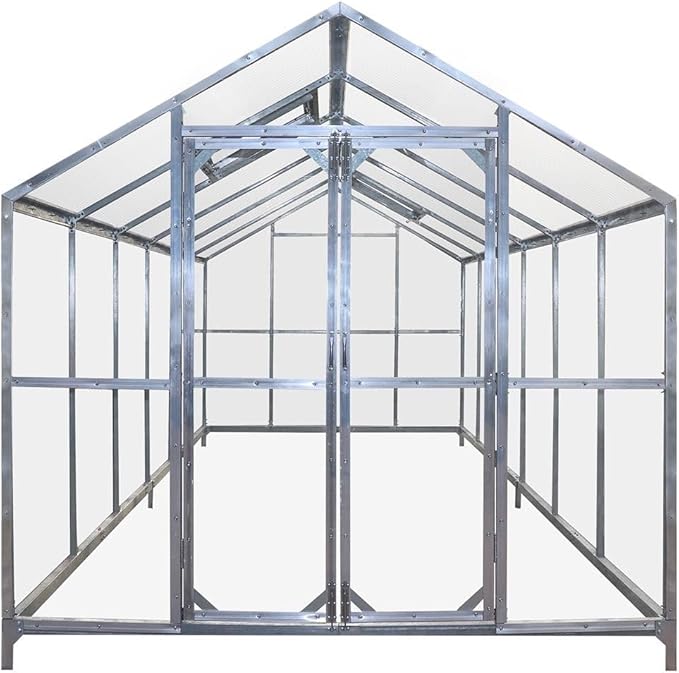 Expanded 8 x 20 Grow House with 4mm UV-Resistant Twin-Wall Polycarbonate Roof Transparent Hard Walls Galvanized Metal Frame Ground StabilizationBars