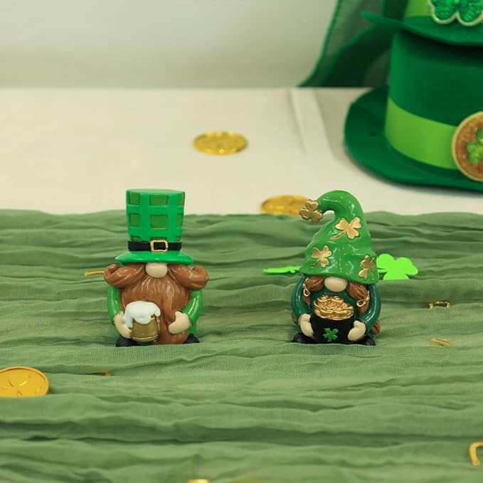 MEETYAMOR St Patricks Day Decorations, 2 PCS Handmade Gnome Resin Figurine for St Patricks Day Decor, Irish Green Clover Leprechaun Figurines Standing for Home Table, Mantel, Shelf