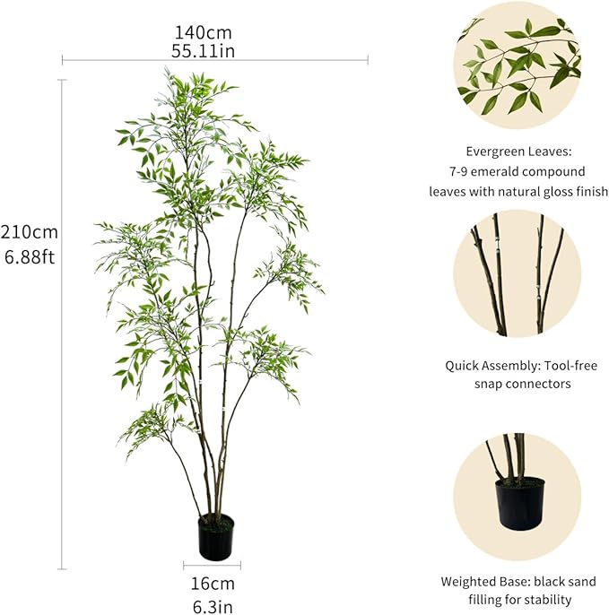 Artificial Nandina Domestica Tree, 7ft Tall Indoor Plant, Potted Faux Greenery with Natural Stems