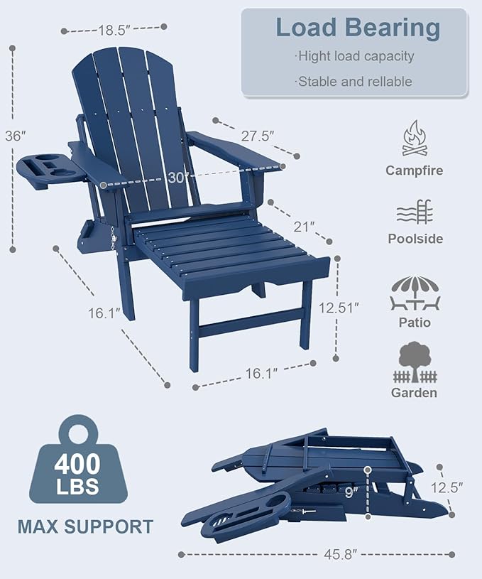 Adjustable Adirondack Chair with Retractable Ottoman Set of 2, HDPE Folding Adirondack Chair with Cup Holder, All Weather Fire Pit Chair for Outdoor.