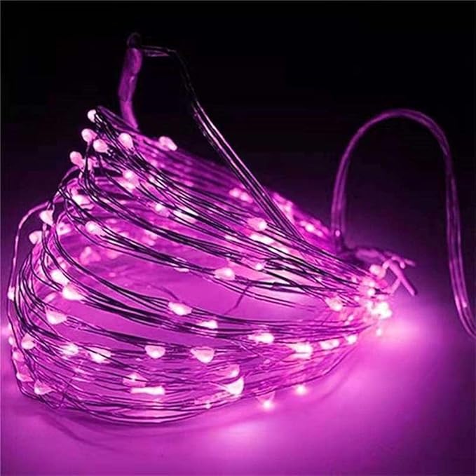 2 Pack Battery Operated Mini Lights,Indoor Led Fairy Lights with Timer 6 Hours on/18 Hours off for Wedding Party Decorations,50 Count Leds,18 Feet Silver Wire (Pink)