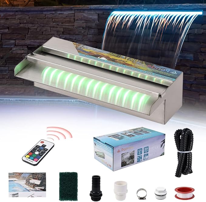 PONDO Pool Fountain, Stainless Steel Waterfall Spillway with Wider Water Flow Platform, Multi-Color LED Light & Spillway Cleaning Kit for Garden Outdoor Decoration (12 inch)