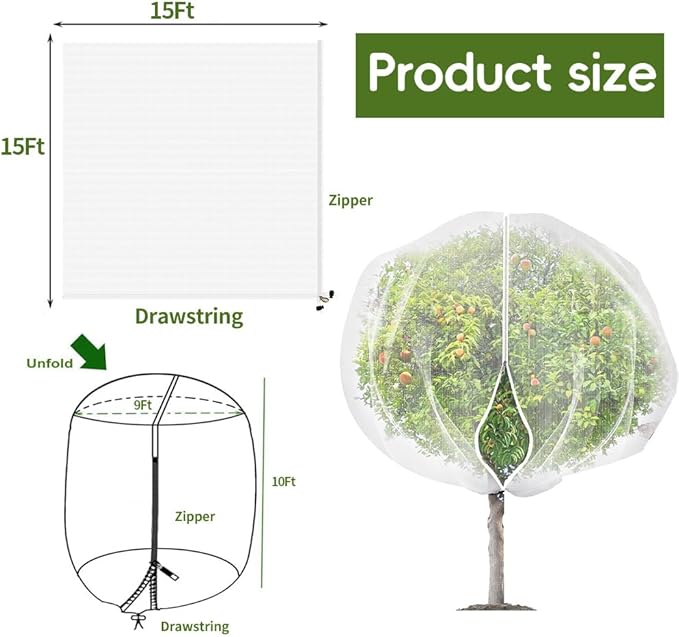 1 Pack Extra-Large Fruit Tree Covers for Birds and Squirrels(15X15ft) –Bird Nets for Fruit Trees with Zipper and Drawstring, Extra Large Durable Mesh Garden Netting to Protect Fruit Trees– Reusable