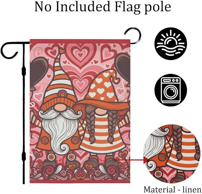 Valentines Garden Flag 12X18 Inch Linen Cute Gnome Flags Banners for Home Outdoor Decor Yard Patio Lawn Decorations Yard Flags Happy Valentine's Day Banner Garden Outside Linen