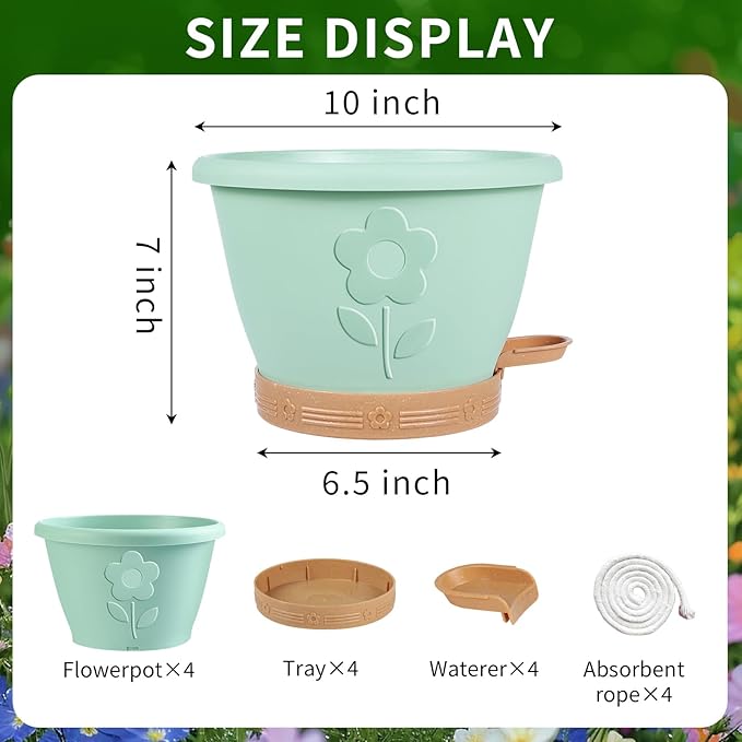 XMPBFYH Plant Pots, Flower Pots for Indoor/Outdoor Plants, Self Watering Plastic Planters Pots with Drainage Holes, Saucer & Reservoir, Decorative Nursery Planting Pots(10 Inch Set of 4)