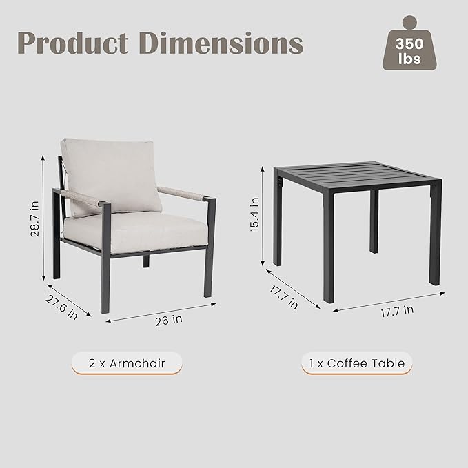 3 Pieces Rattan Outdoor Furniture Set, All-Weather Patio Conversation Set with Warm Grey Cushions and Coffee Table for Garden, Backyard, Balcony, Poolside